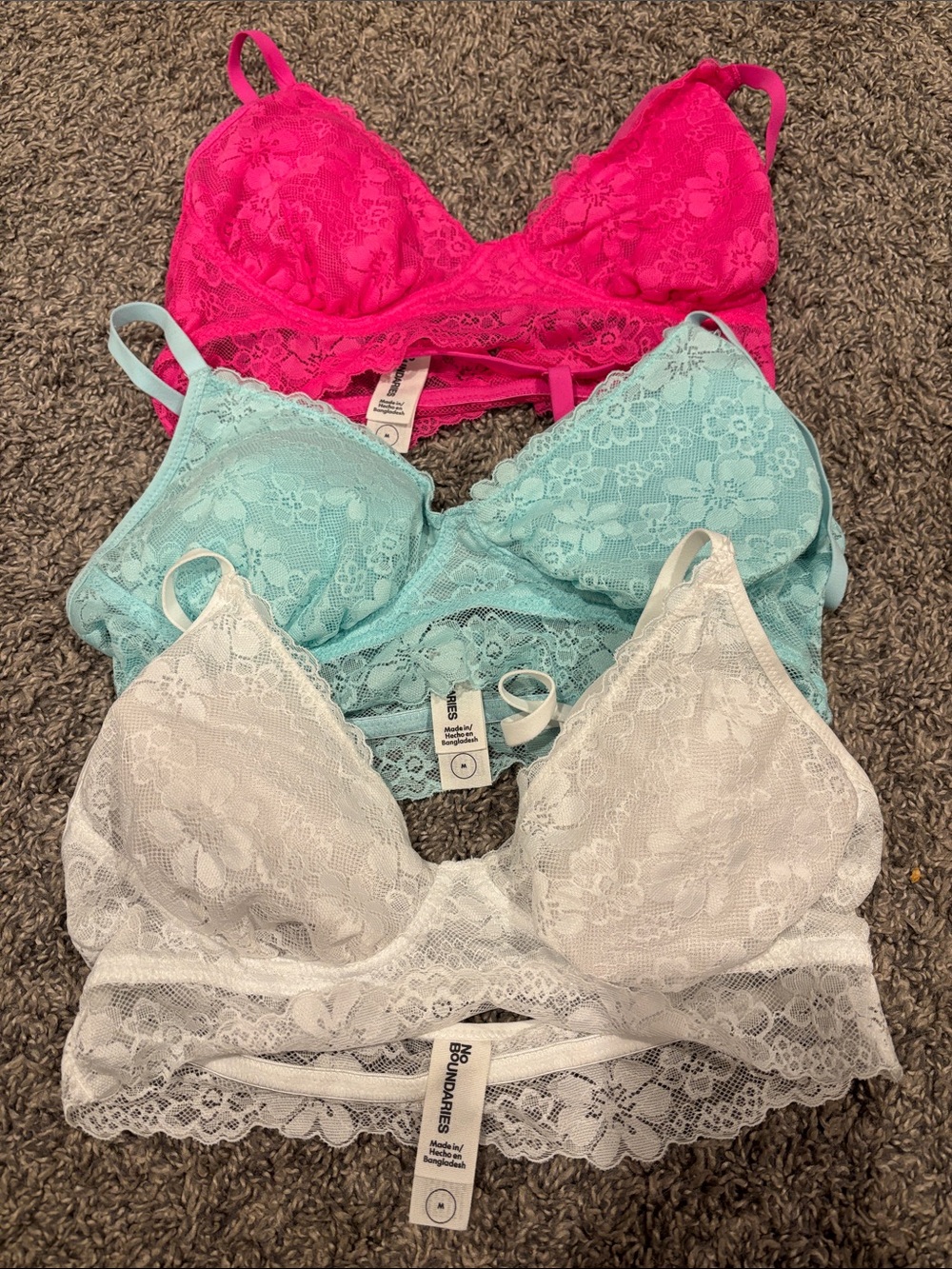 No Boundaries Lace Bralette Pack — Hot Pink, Mint, White